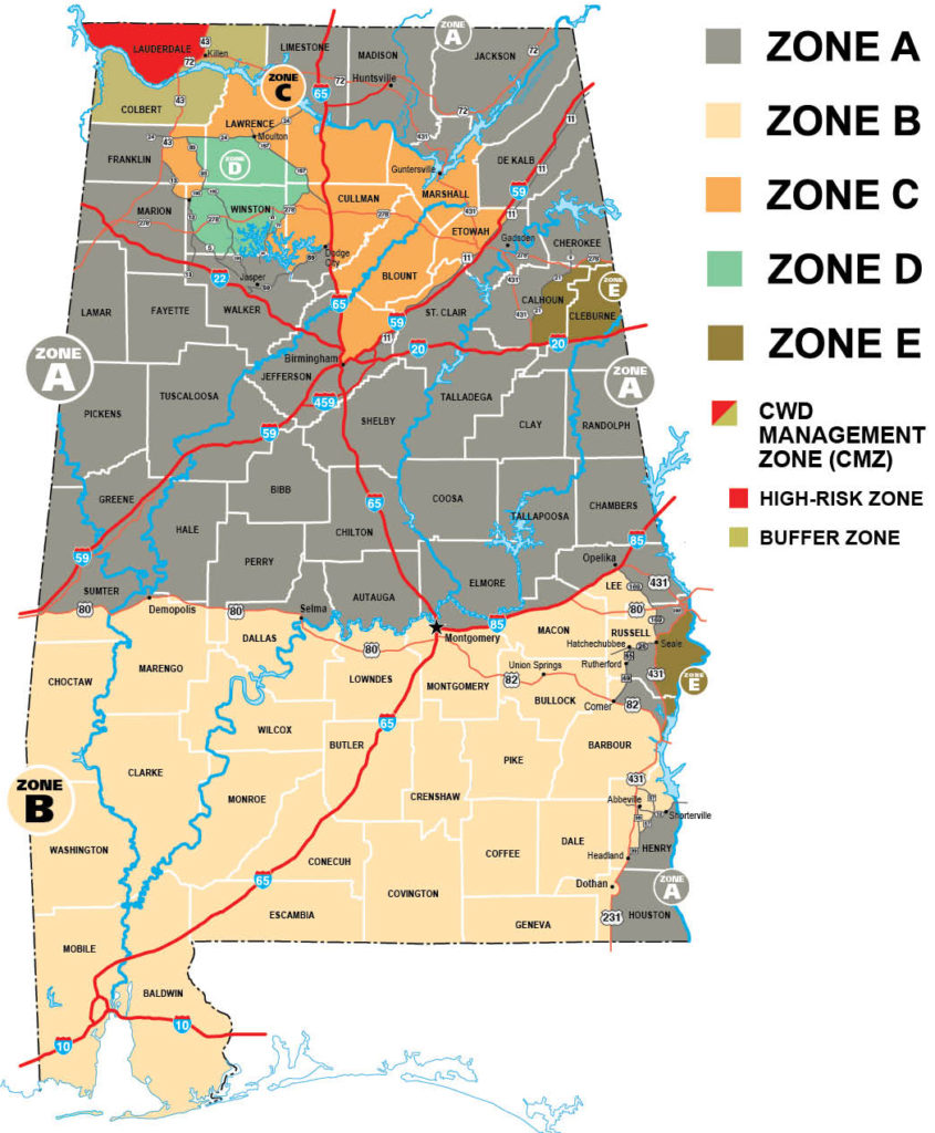 Map of Alabama's 2022-2023 deer season zones.