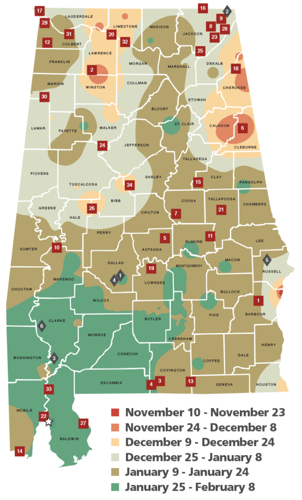 Map of the various Alabama deer rut timing