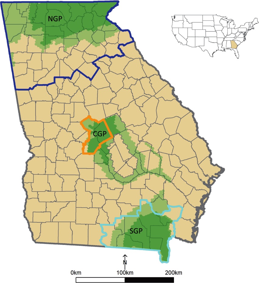 Map of the three Georgia bear populations and Georgia bear hunting zones.