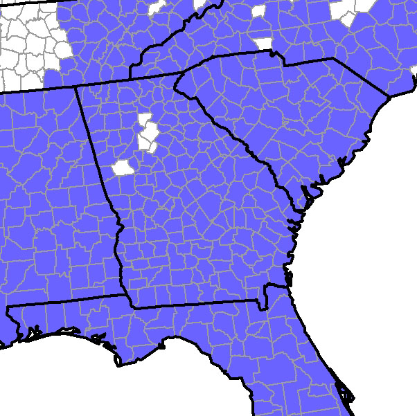 Map of Georgia counties with feral hogs.