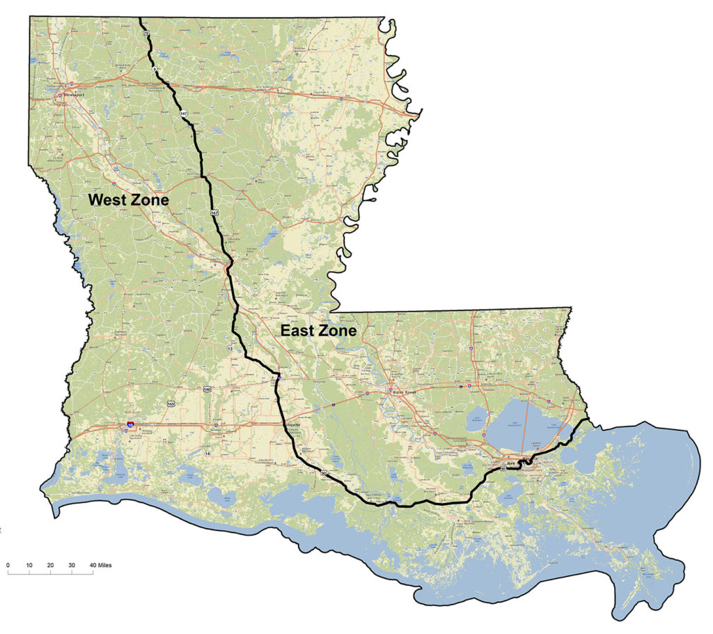 Map of Louisiana duck seasons east and west zones.