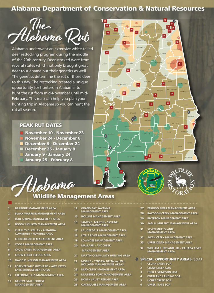 Map of of the Alabama rut dates across the state.